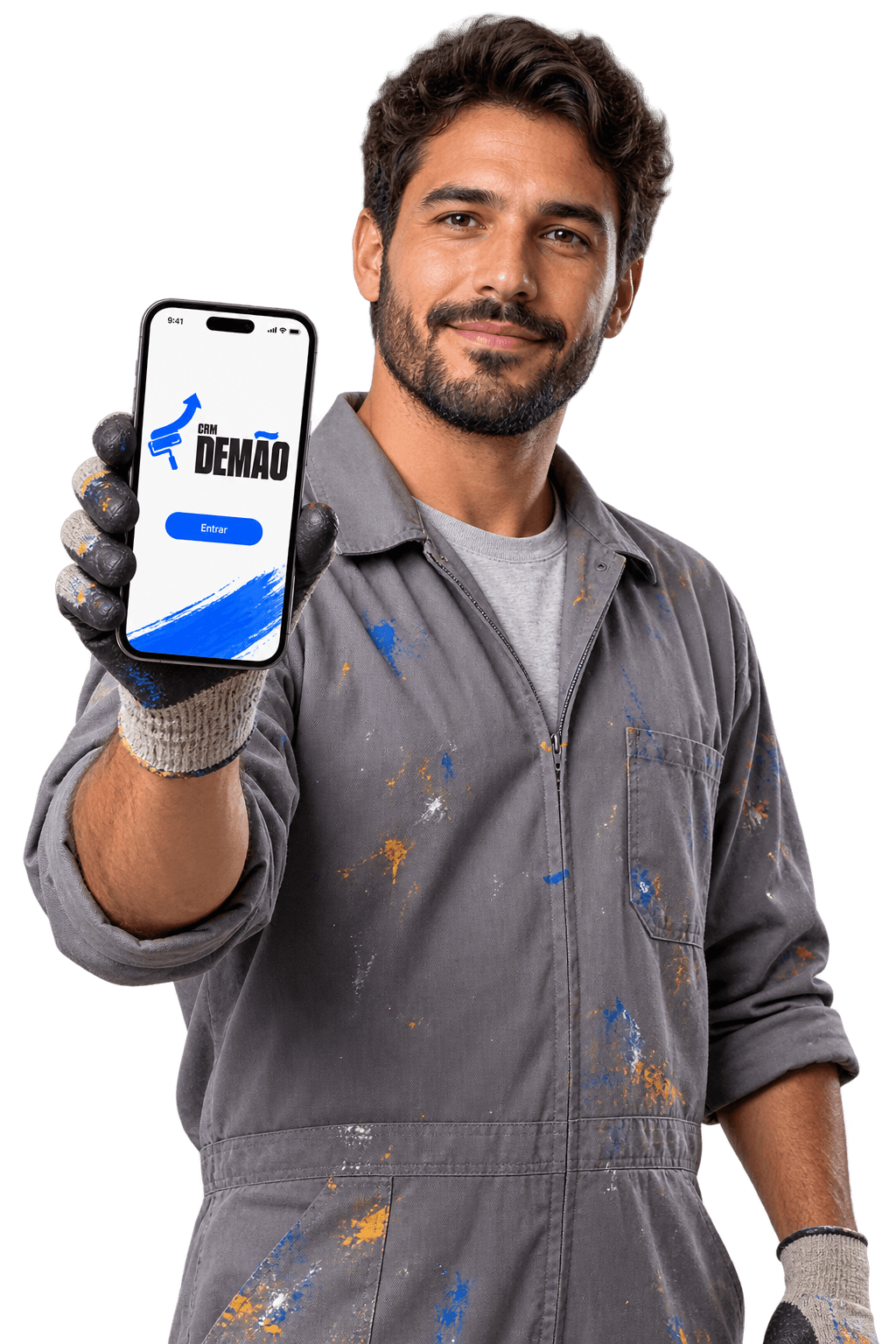 Pintor de macacão mostrando o celular com o CRM Demão aberto